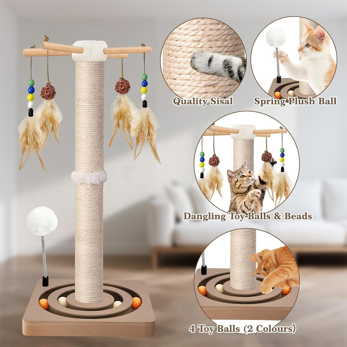 Cat Scratching Post, Sisal Scratcher with Enrichment Toys for Indoor Cats – Essentials for Cats - 25 Inches Tall / Double Track - image 3