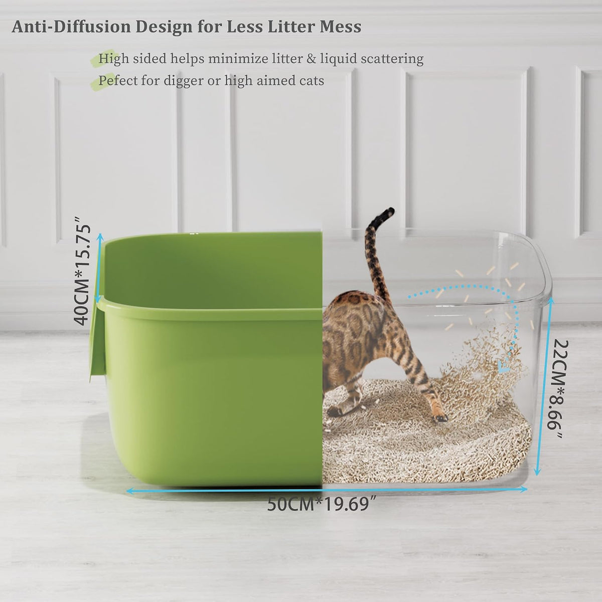 Vealind Large Cat Litter Box High Sided Entry Cat Litter Pan 50 x 40 - Green - image 2