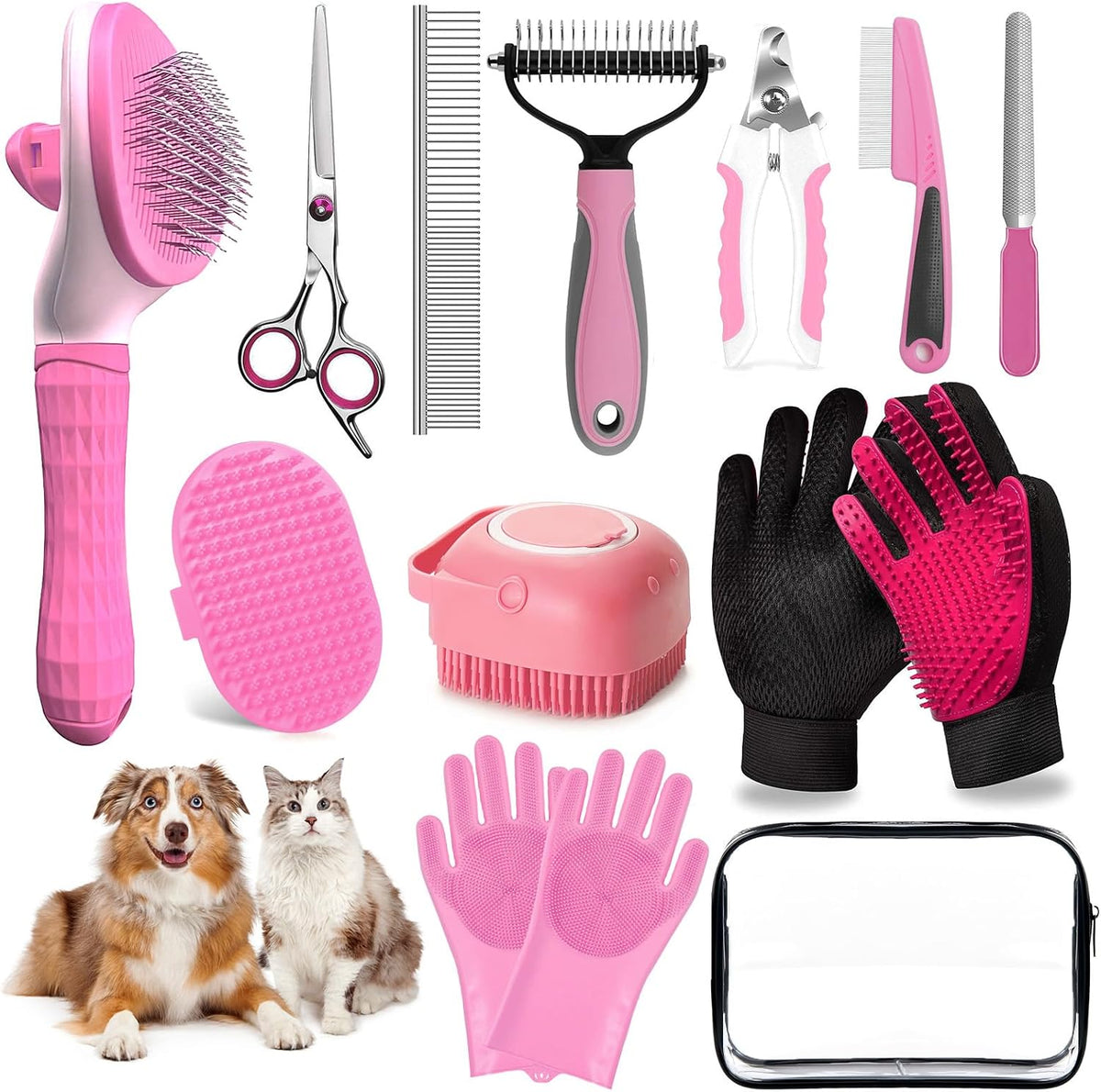Dog Brush for Shedding 13pcs Bath Grooming Kit with Pet Nail Clipper - Pink 13pcs
