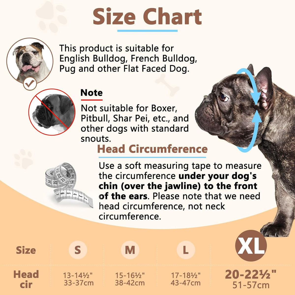 English Bulldog Muzzle, Soft Short Snout Dog Muzzle Stops Biting – Essentials for Dogs - Khaki / XL（Head 20-22½"） - image 3