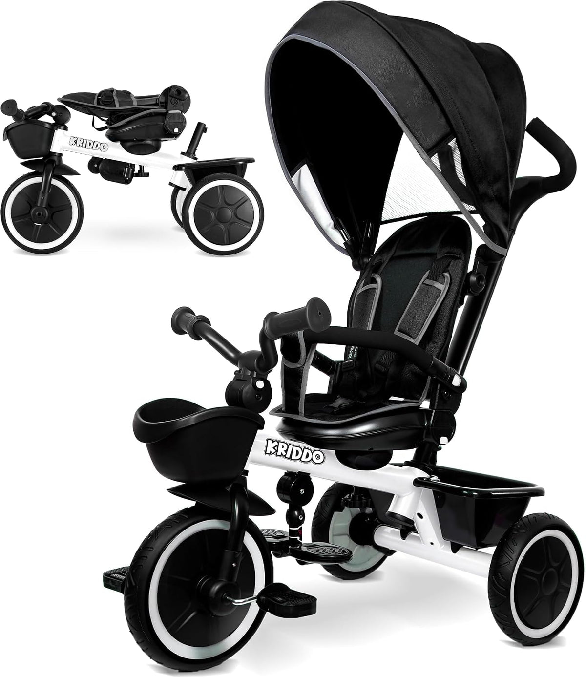 KRIDDO 7-in-1 toddler push tricycle with parent steering handle and canopy - view 3