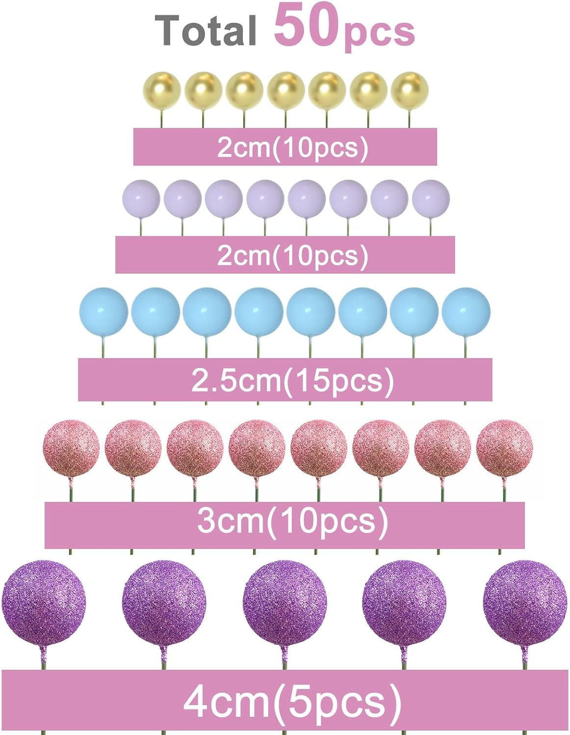 ASTARON 50 Pcs Ball Cake Topper Sticks Mini Balloons for Cake - Pink，purple，blue - image 2