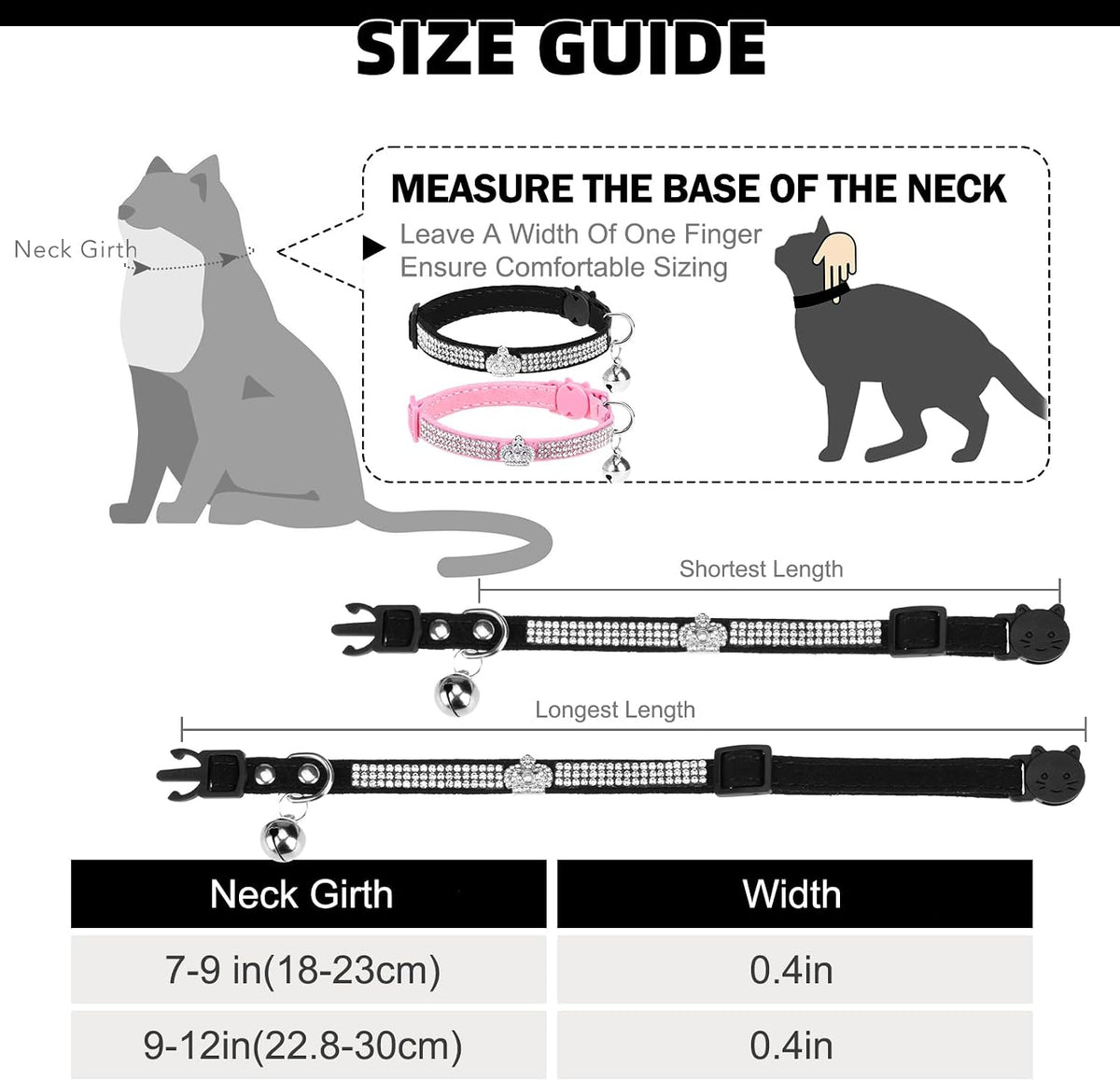 2 Pack Soft Velvet Safe Bling Diamond Cat Collars with Bells – Essentials for Cats - Black + Pink(Crown 2 Pack) / 9"-12" Cats / Mini Dogs - image 2