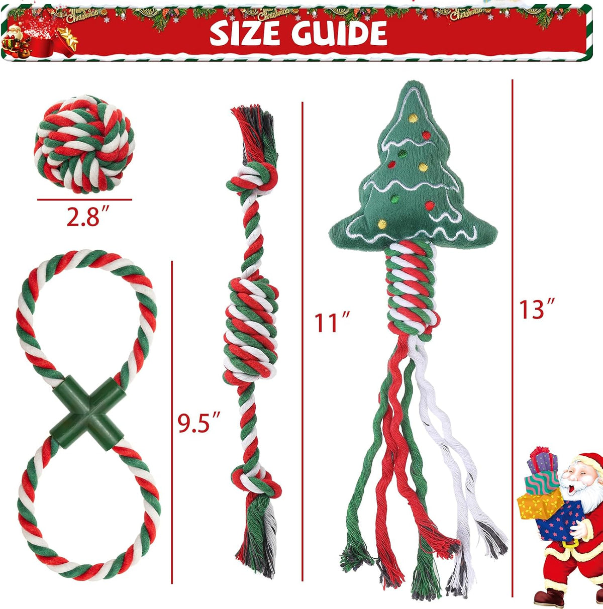 Christmas Dog Toys, Durable Crutch Bone Rope Toys 4 Pack - Christmas Tree & Ball & Candy & "8" - image 2