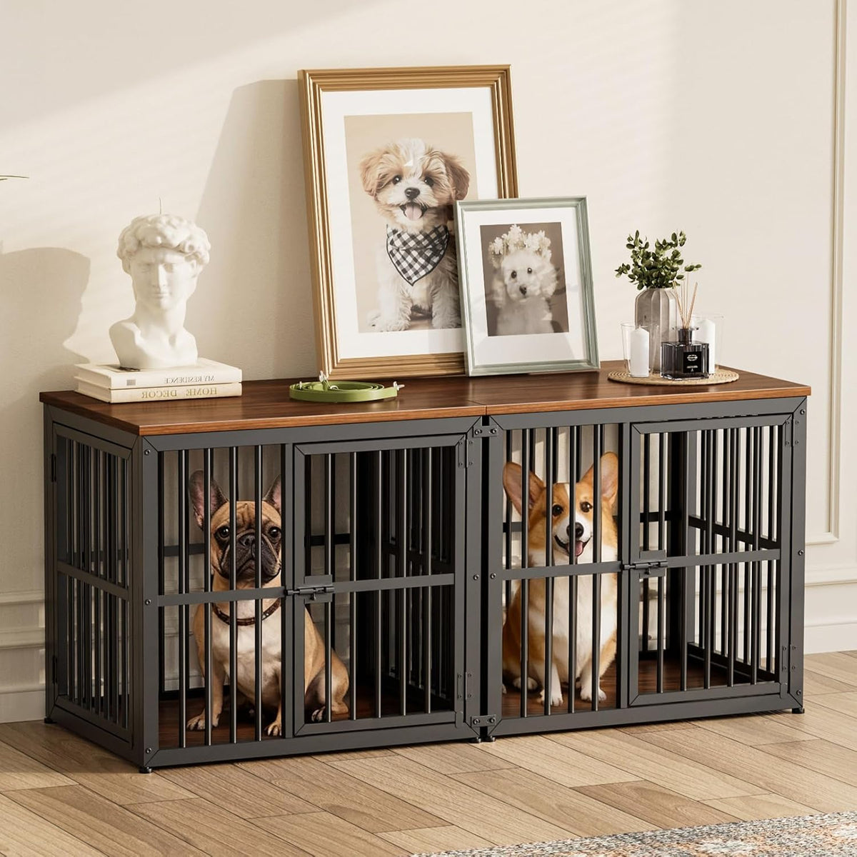 Lyromix 86.62'' Dog Crate Furniture Large Breed TV Stand, Grey – Essentials for Dogs - Walnut / 53.9"L x 20.9"W x 24.0"H / TV Stand Crate
