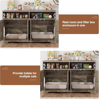 Cat Litter Box Enclosure for 2 Cats, 47" Hidden Litter Box Furniture Cat Washroom with Double Large Room, Farmhouse Indoor Litter Box Cabinet TV Stand, Grey