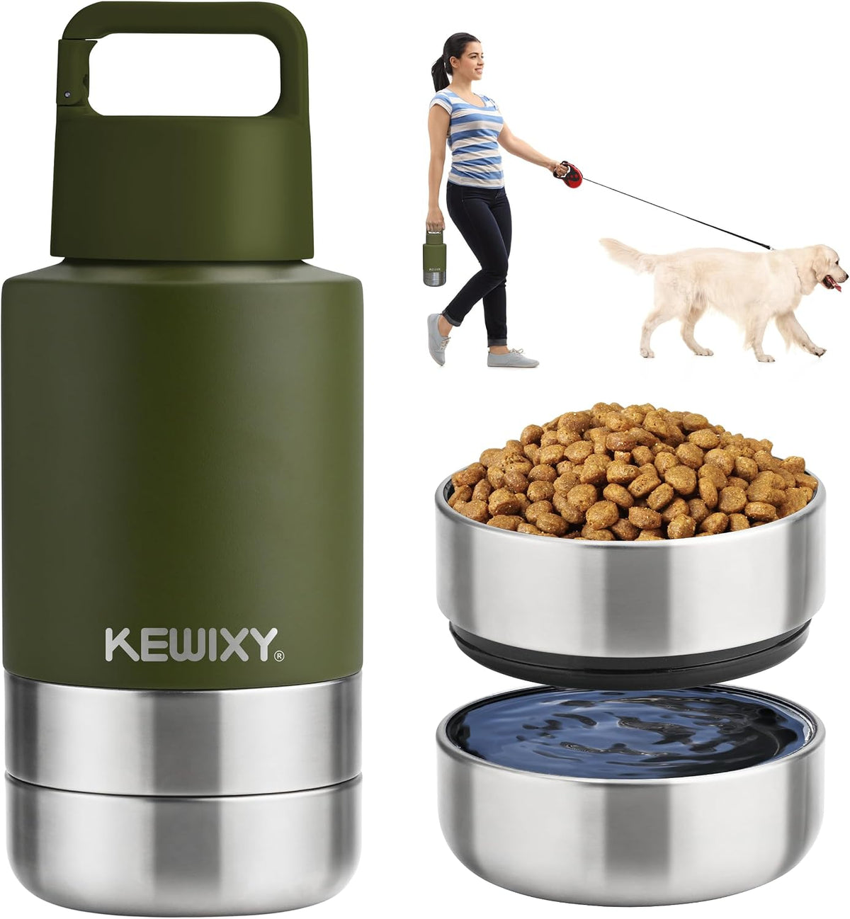 KEWIXY Insulated Dog Travel Water Bottle with Detachable Bowls - Olive Green / 32 Oz
