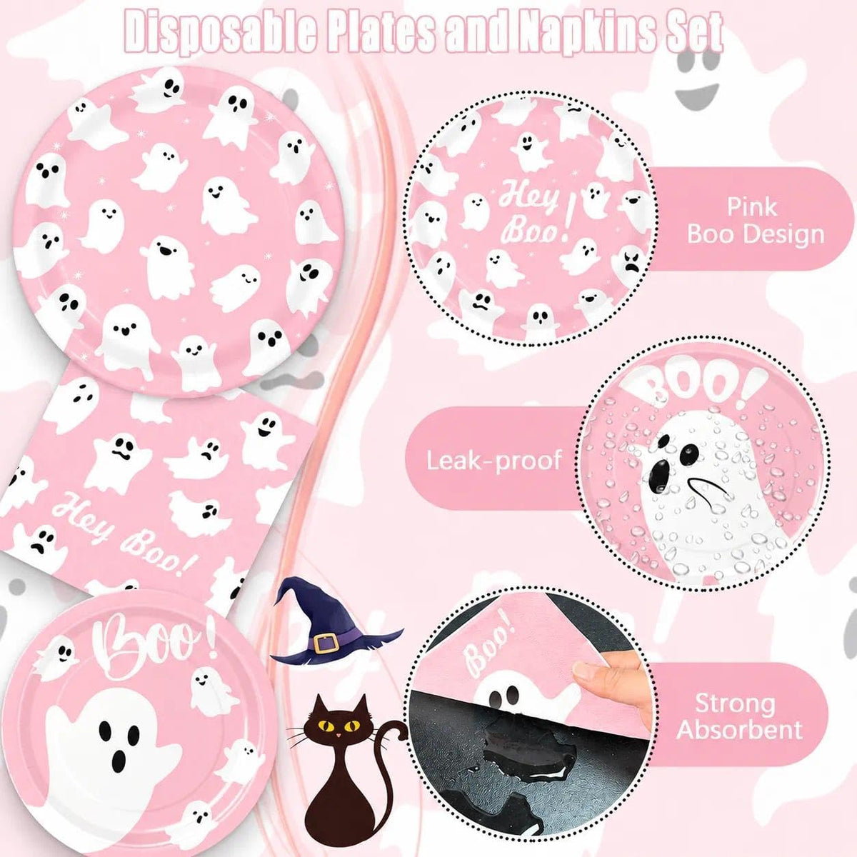 yunhuatdm 180 piece cute ghost Halloween plates and napkins set, black and white - view 12