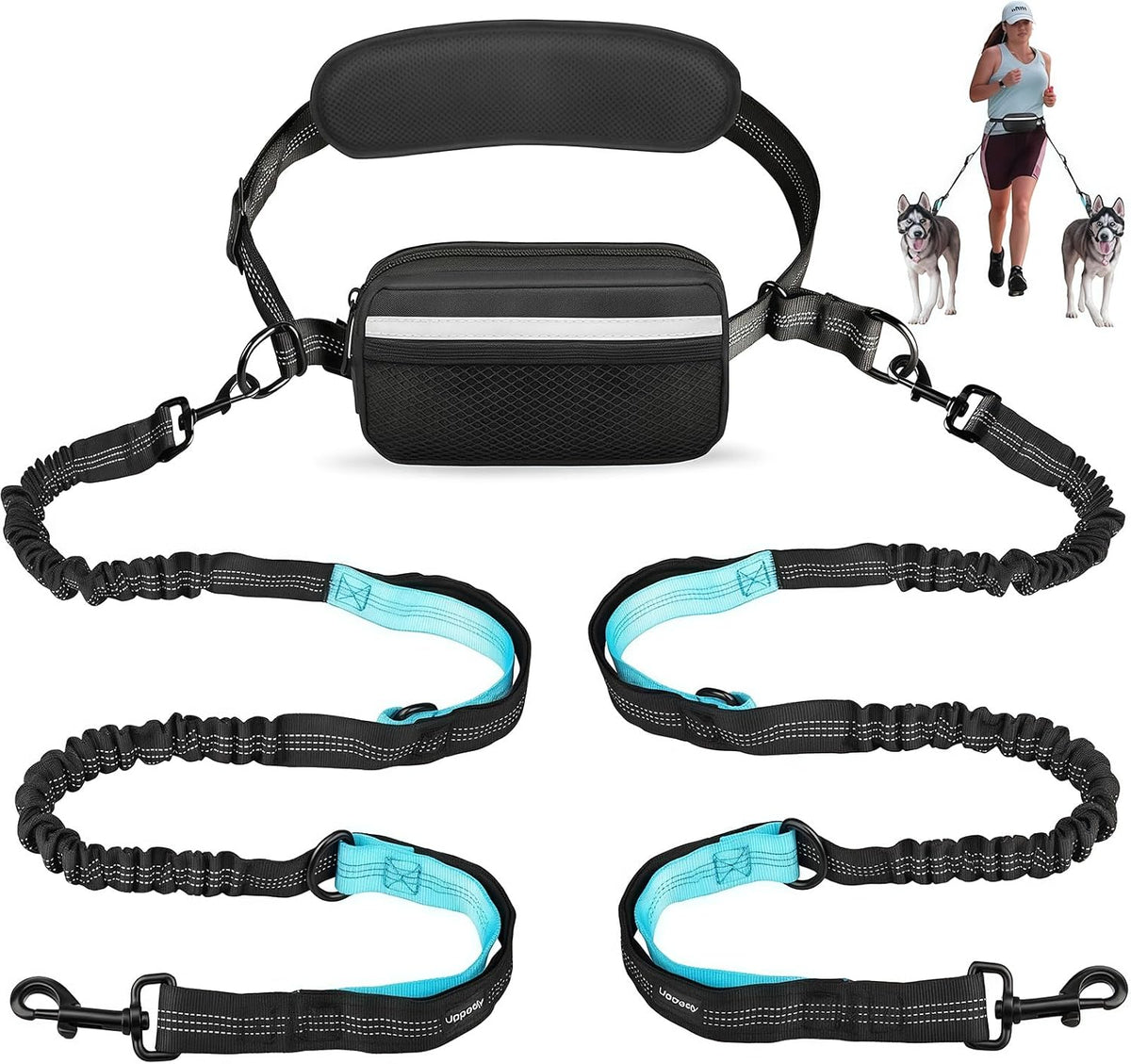 Uppetly Hands Free Dog Running Leash with Waist Belt - 2 dogs/Blue / Large