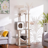 Hey-brother Wooden Cat Tree Tower with Rattan Condo - 21.7"×15.7"×66.1" / Rustic Gray - image 2