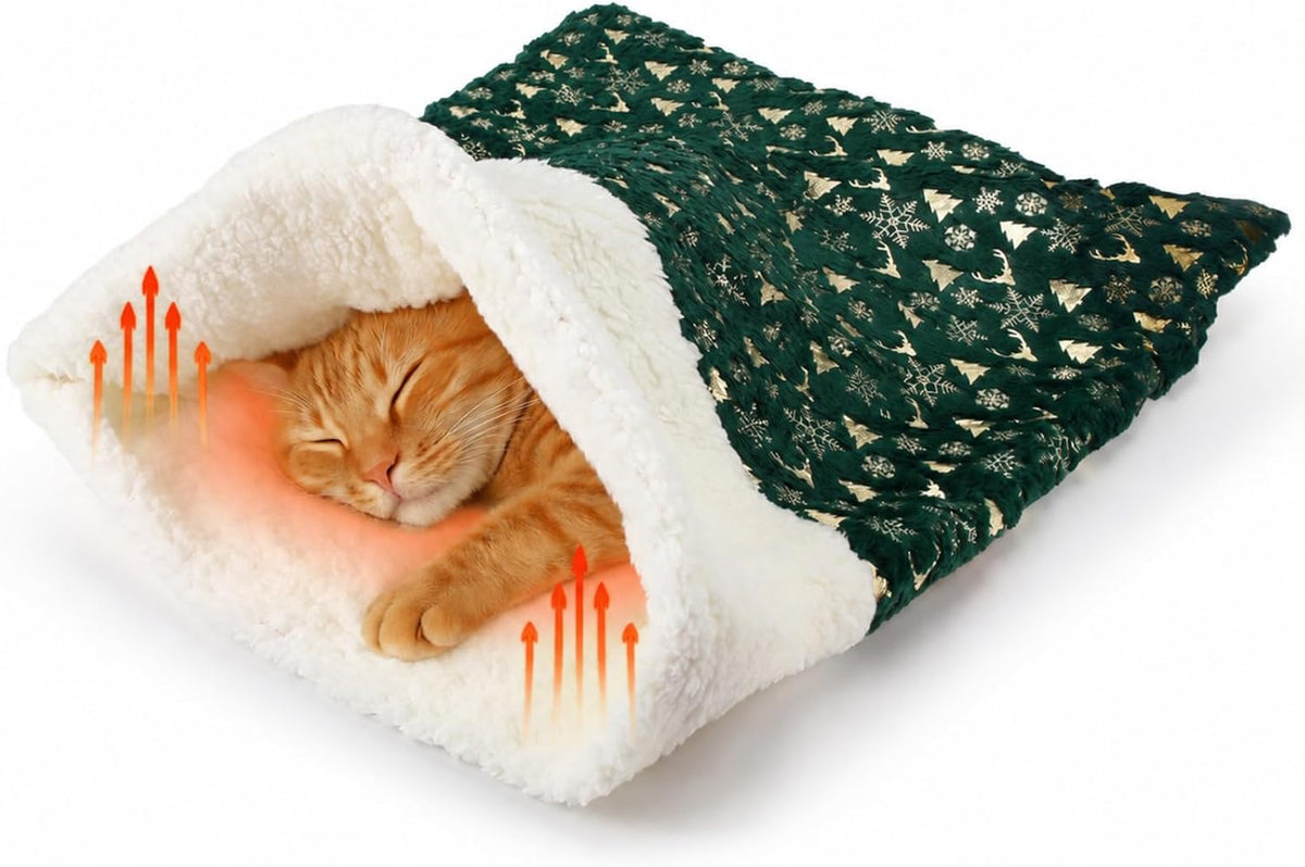 Self Heating Cat Sleeping Bag Indoor Self Warming Cat Bed Cave Heated - Christmas Style / Green