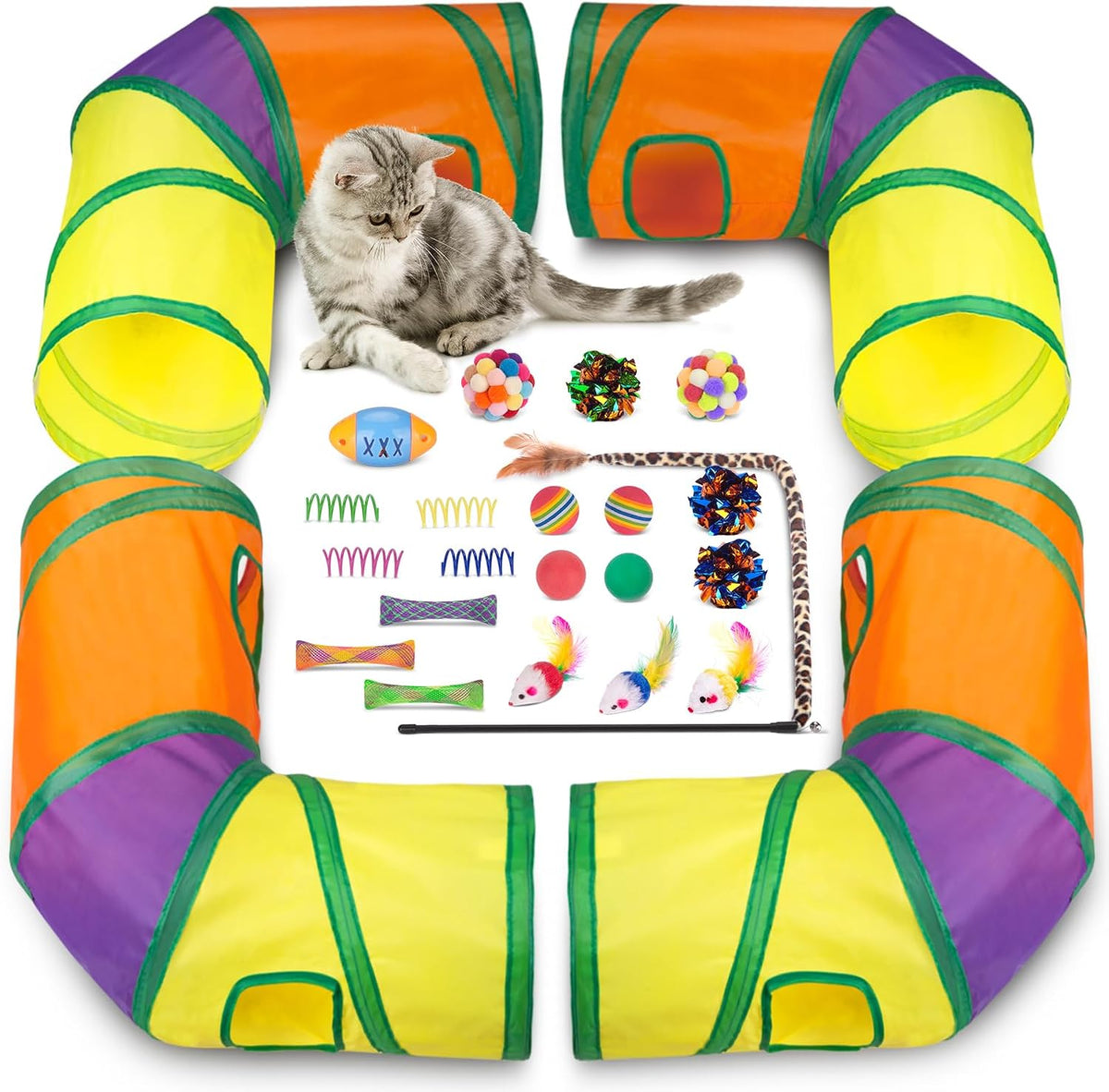 33Pcs Cat Toys Pack for Indoor Cats Kitten, with Cube Tunnel – Essentials for Cats - Extra Large Cat Tunnel Toy Set