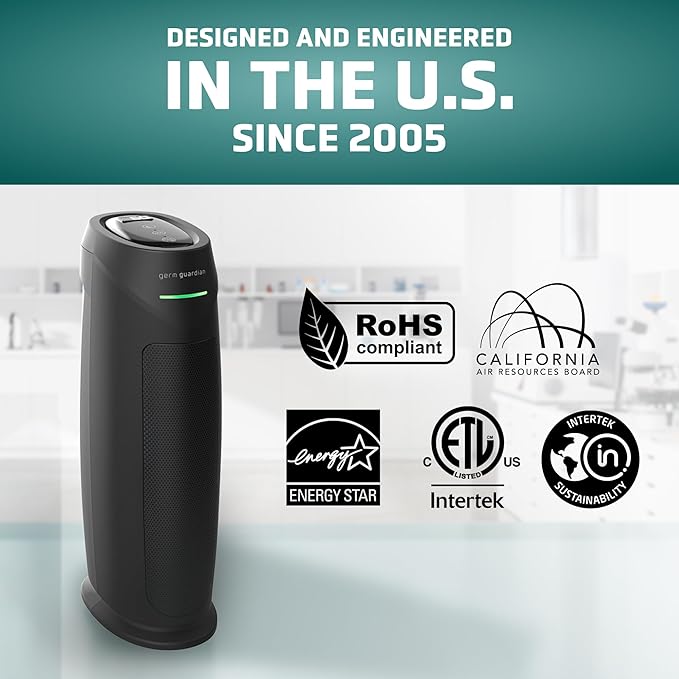 GermGuardian HEPA Air Purifier for Home, Large Rooms Up To 743 Sq. Ft. with HEPA PURE Air Filter, Air Quality Monitor & UV-C Light, AC4880B, 22" Tower, Black