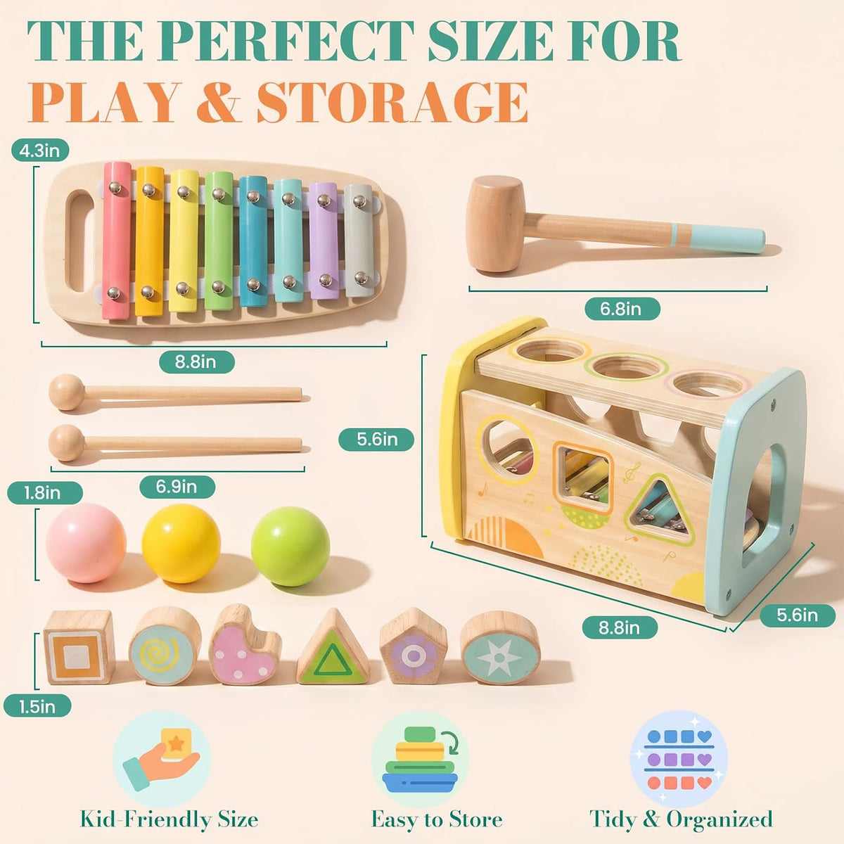 WOODENFUN wooden pounding toy with xylophone, hammer bench, balls and shape sorter - view 2