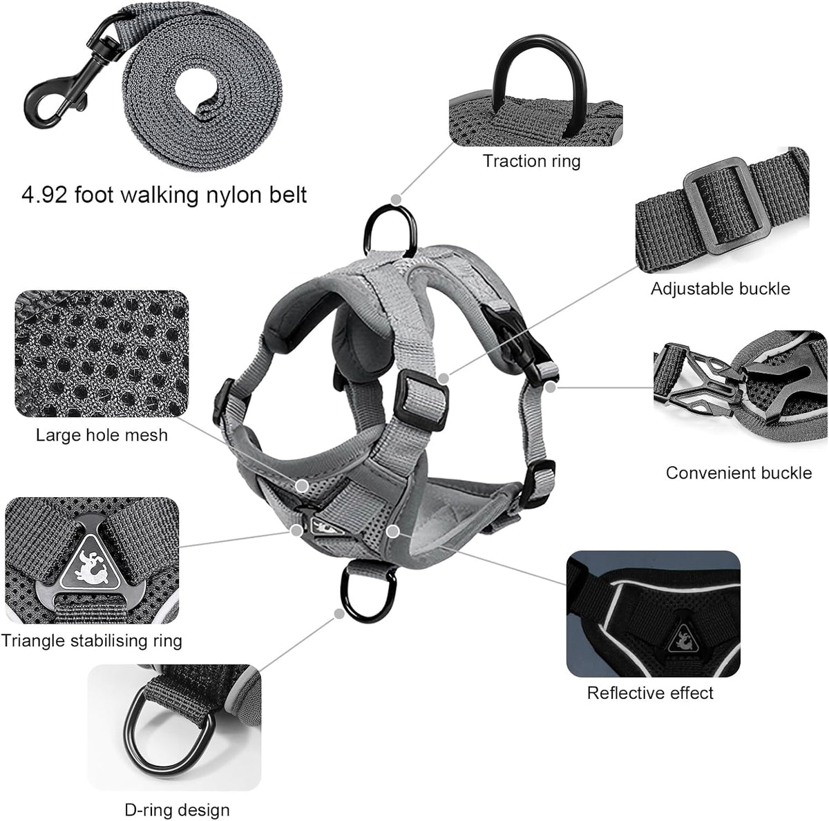XL Cat Harness Escape Proof for Heavy Cats Adjustable for Extra Large - S / Grey - image 2