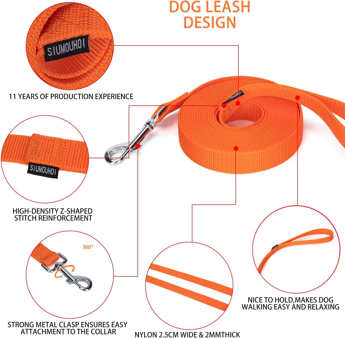 Strong Durable Nylon 10ft Long Dog Training Leash, Traction Rope - Orange / 15 Feet - image 3