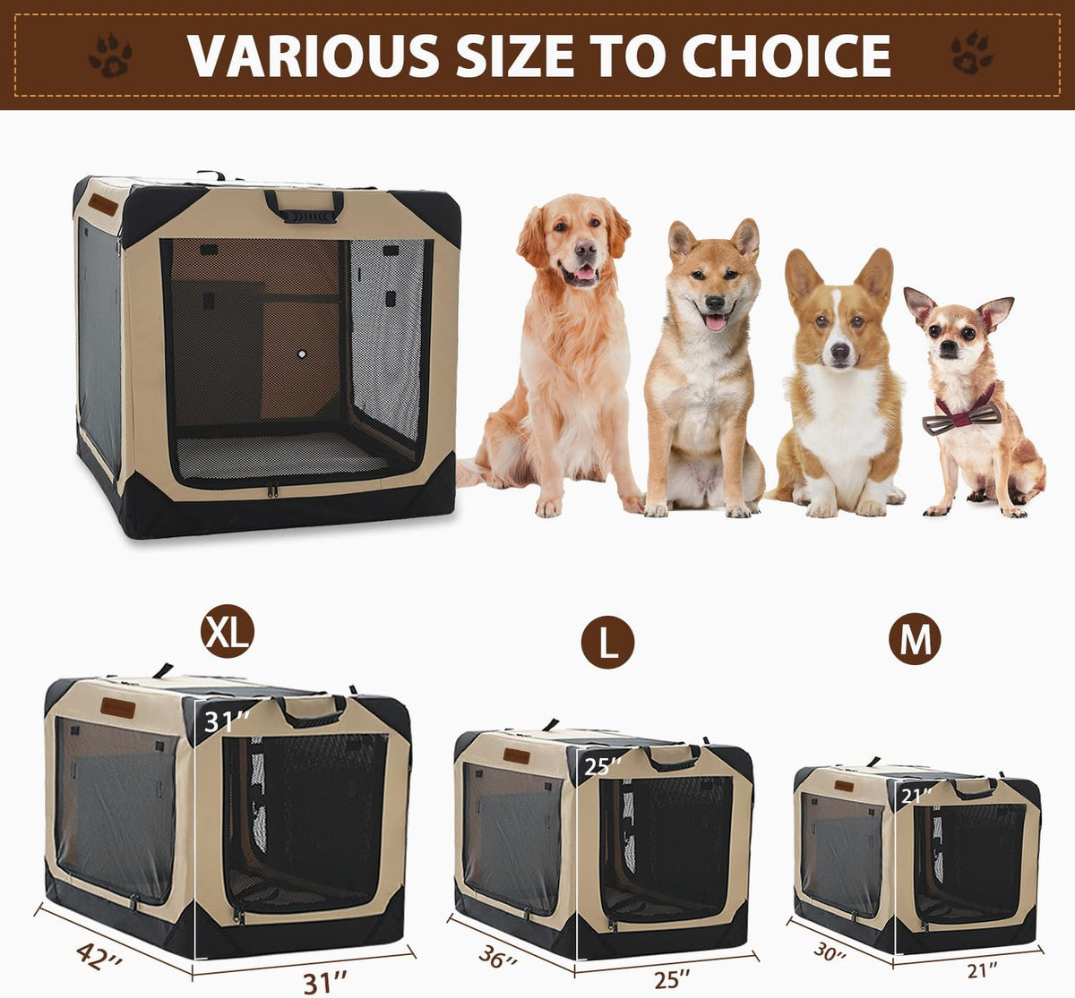 Garnpet 36 Inch Collapsible Soft Dog Crate for Large Dogs - Beige / 26.0"L x 18.0"W x 18.0"H - image 2