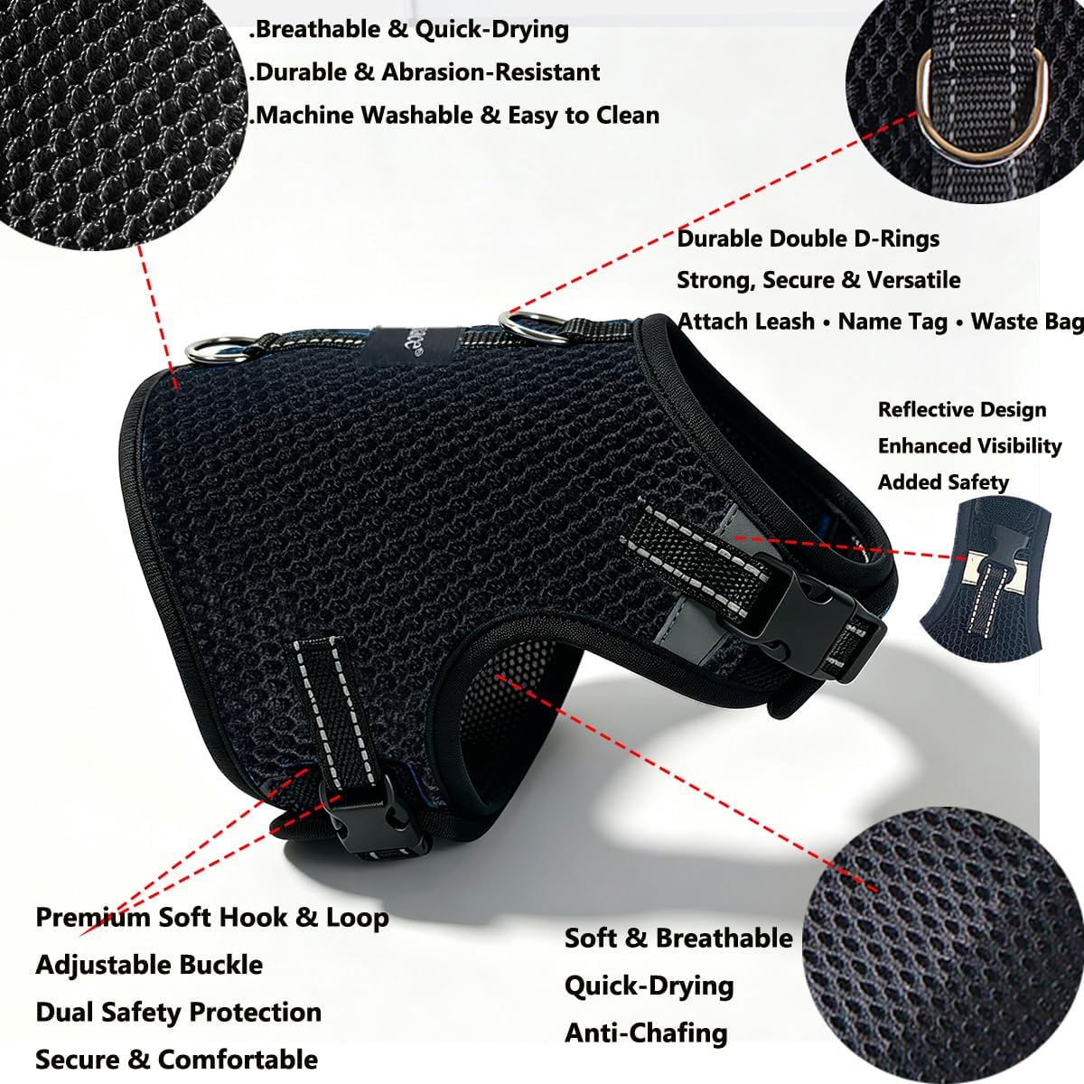 Mini Dachshund Harness, No Armpit Rub, Escape Proof, Reflective - Black / L: Chest 53-63cm (21"-25") - image 3