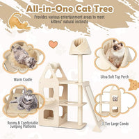 Tangkula Modern Wood Cat Tree for Indoor Cats, 64 Inch Multi-Level Tall Cat Tree with Scratching Rotatable Ball & Posts, Sisal Ramp, Hanging Basket, Large Cat Tower with Plush Perch, Washable Mats