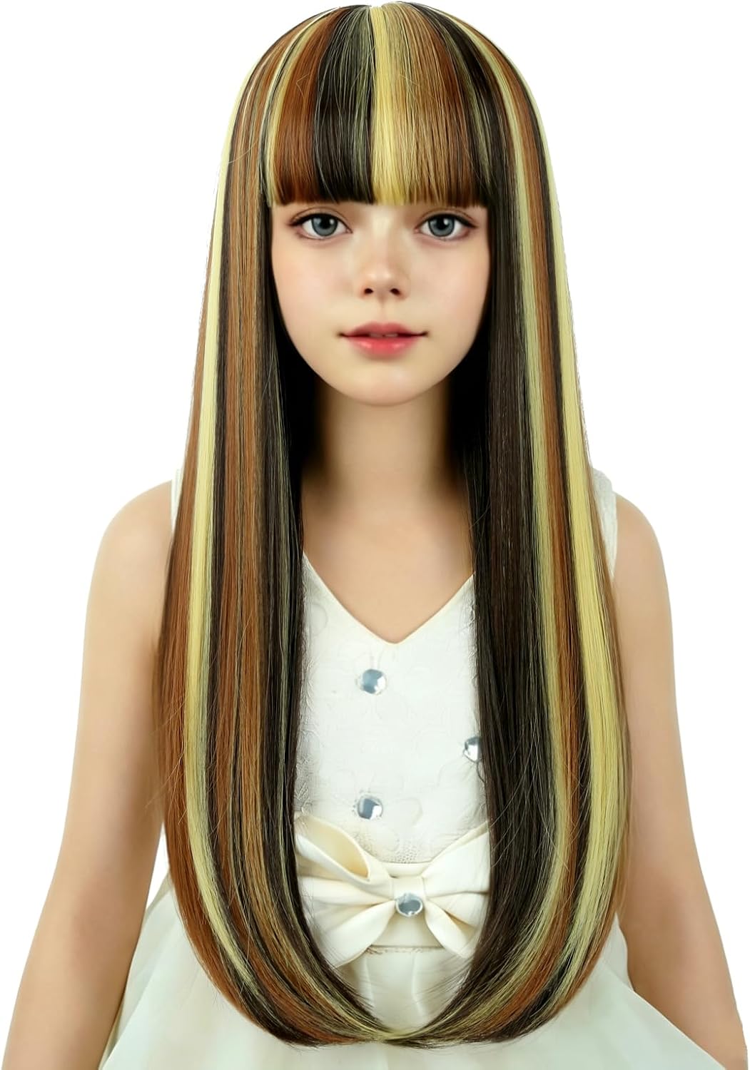 WAVELNM kids long straight black wig with hot pink highlights and bangs - view 9