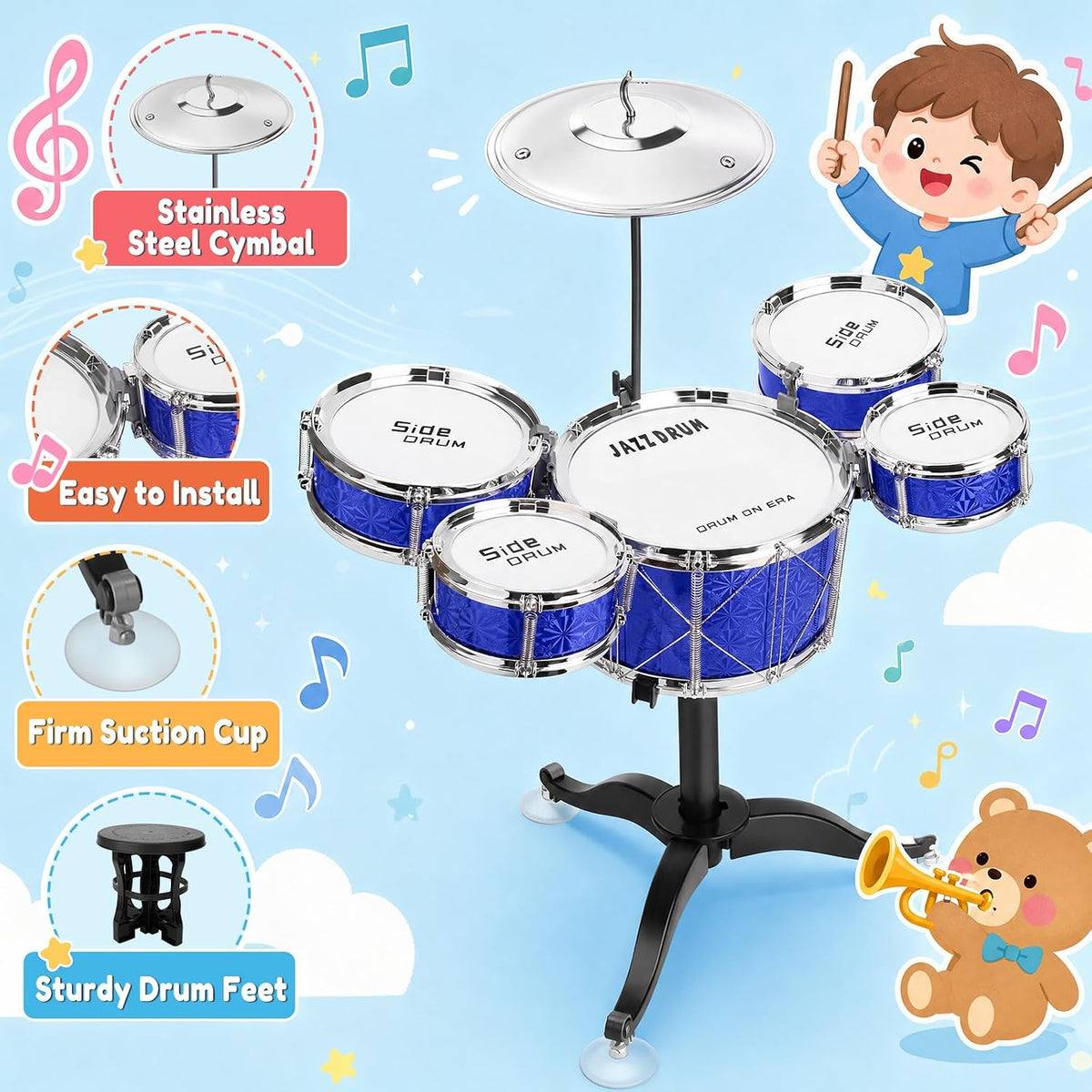 Kids Jazz Drum Set Toys for 3-7 Year Olds - Sparkle Blue - image 3