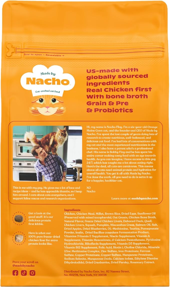Made by Nacho Dry Cat Kibble 10lb Bag, High Protein Premium Cat Food with Freeze-Dried Pieces, Cage-Free Chicken, Duck & Quail, Limited Ingredients, Single Bag