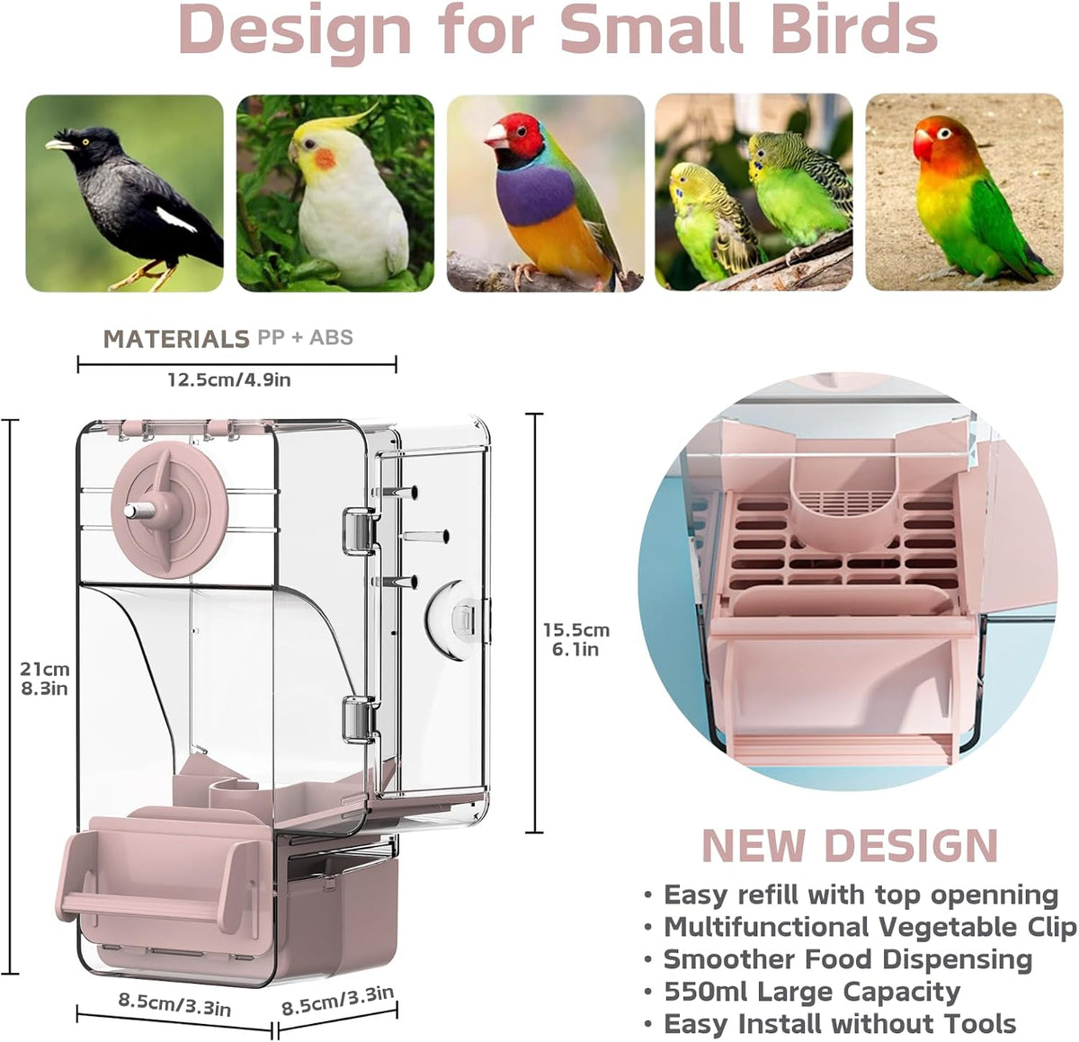 Automatic Bird Feeder, Bird Cage Feeder with Perch Multi-Functional Holder for Fruits Vegetables - Pink - image 3