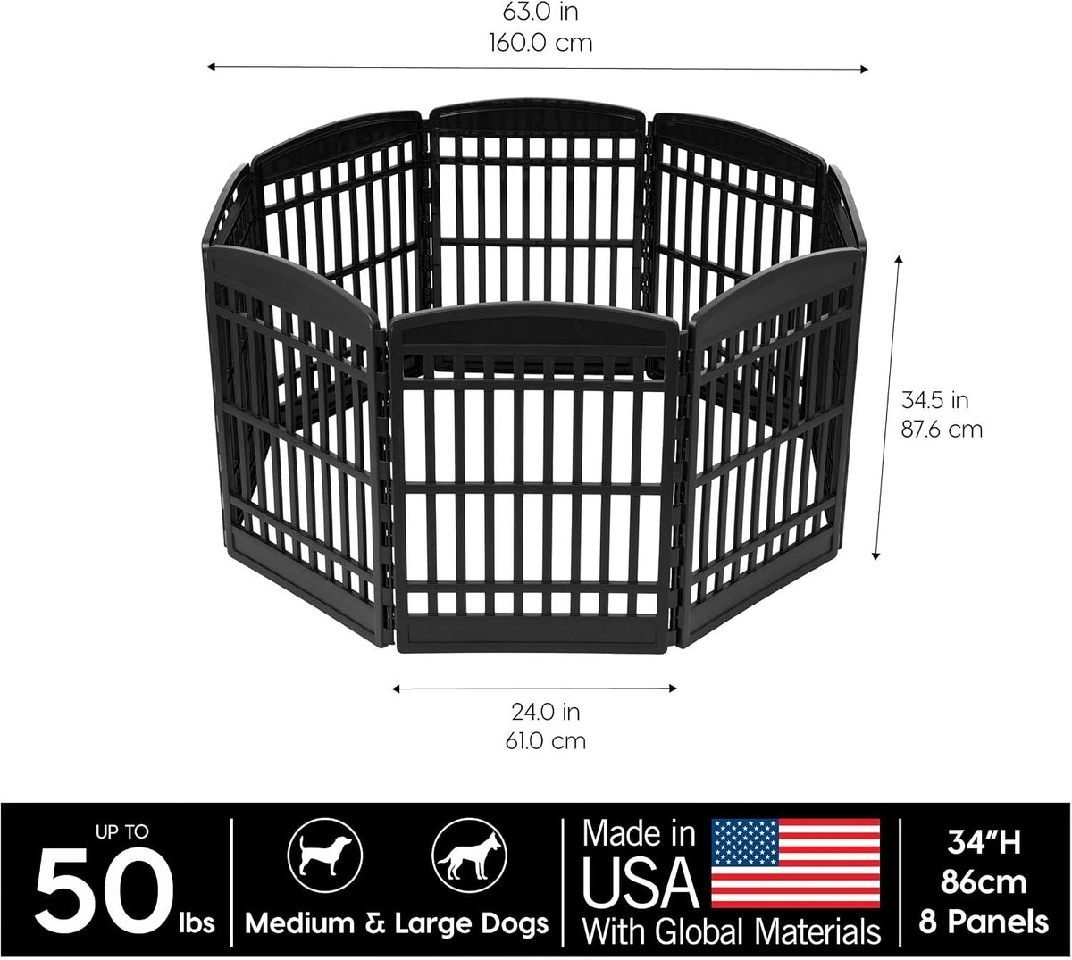 IRIS USA 4-Panel Dog Playpen, Pet Enclosure - Black / 8 Panel – 34" H - image 3