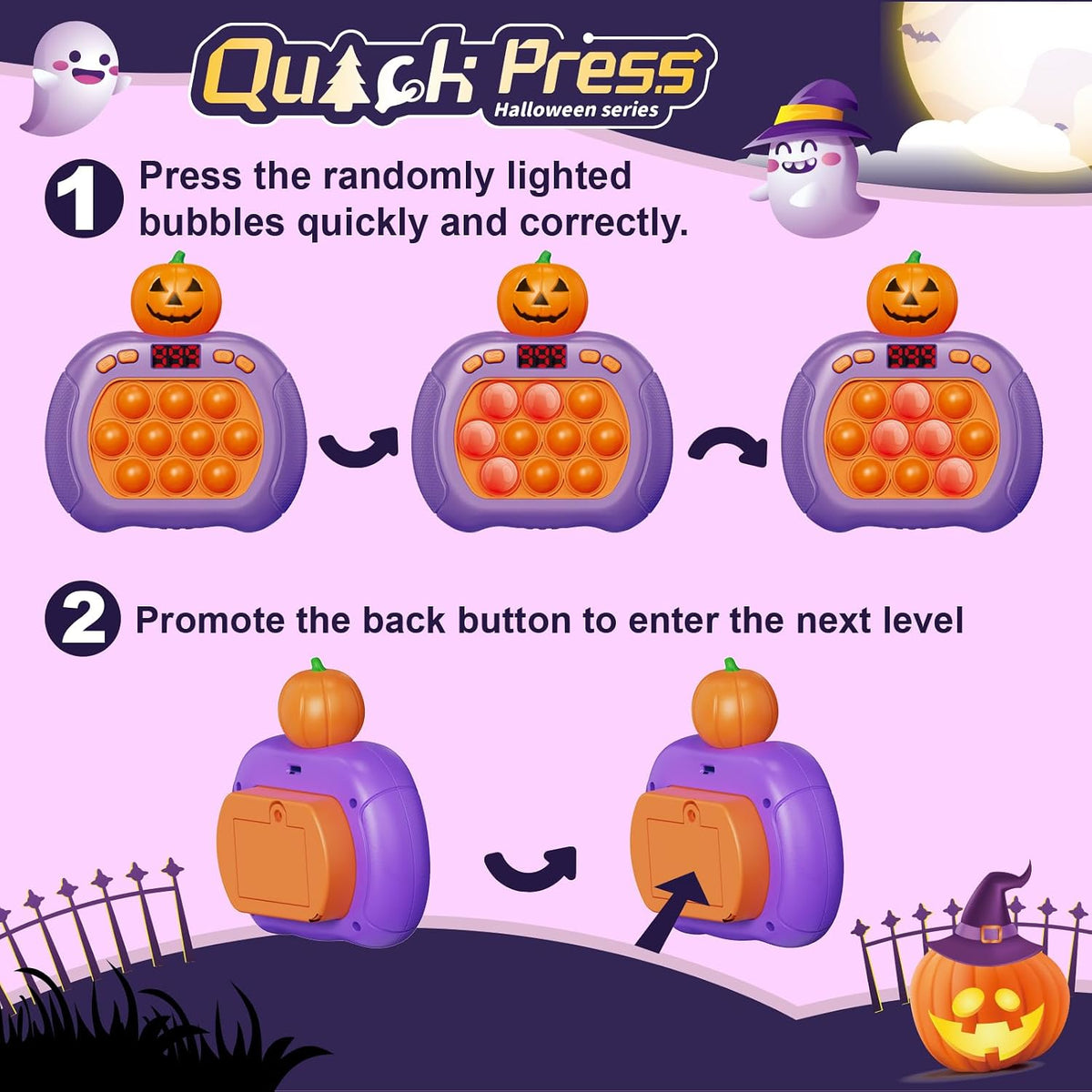 Pop Game, Light Up Fidget Toy for Kids & Adults - Halloween Pumpkin - image 3
