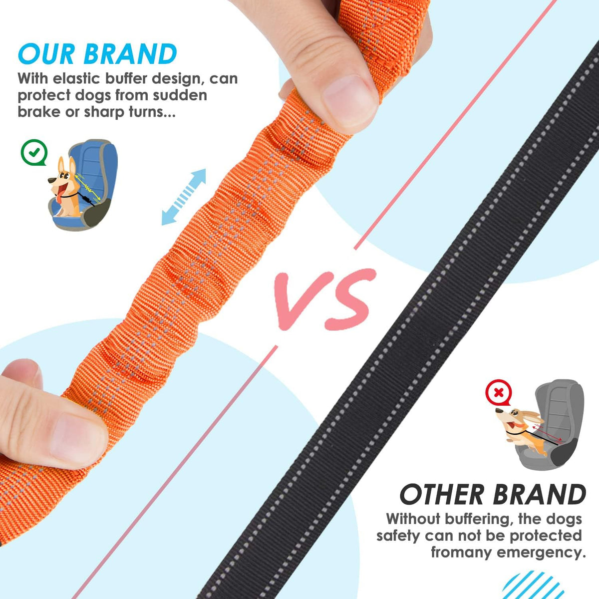 SlowTon Double Dog Seat Belt for Car with Elastic Bungee Buffer - J.Orange / 2 Medium in 1 - image 3