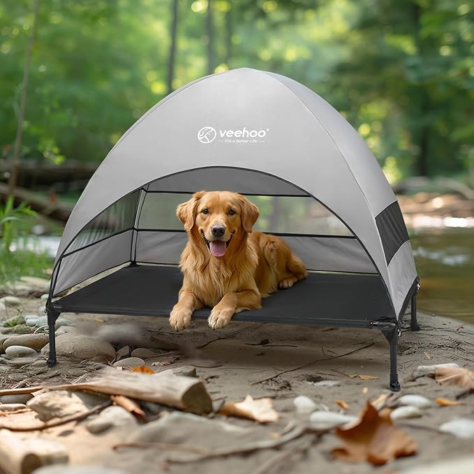 Veehoo Outdoor Dog Bed with Canopy, Cooling Elevated Pet Cot with Removable Shade, Non-Slip Feet, Raised Dog Cot for Large Dogs, Pet Tent Bed for Camping, Beach, Large, Black, CWC2411