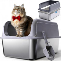 Powools Stainless Steel Cat Litter Box, High-Sided, M - M (1 Pack) / Grey
