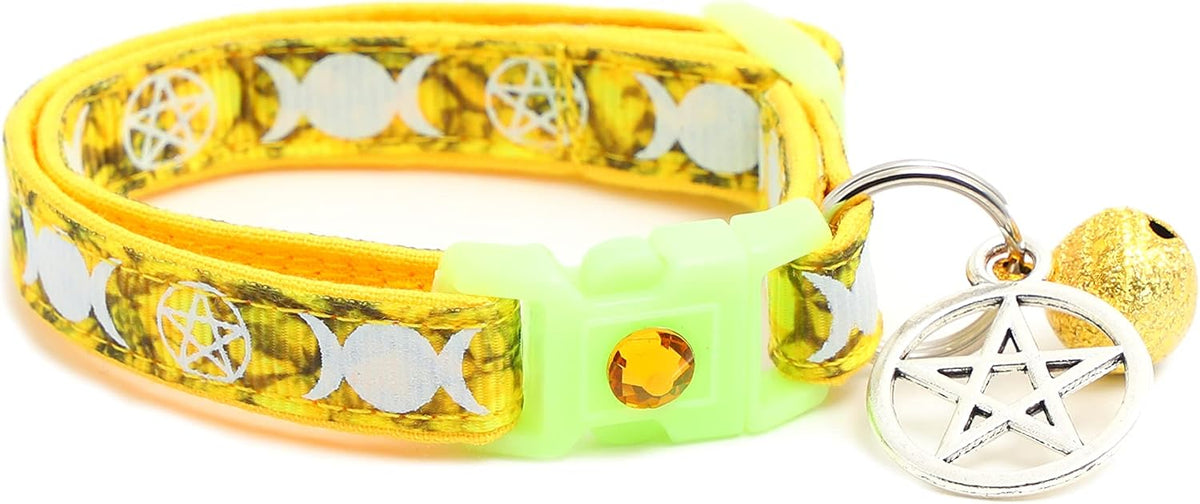 Wicca Cat Collar with Occult Charm & Bell - Small(10lbs & Less) / Topaz