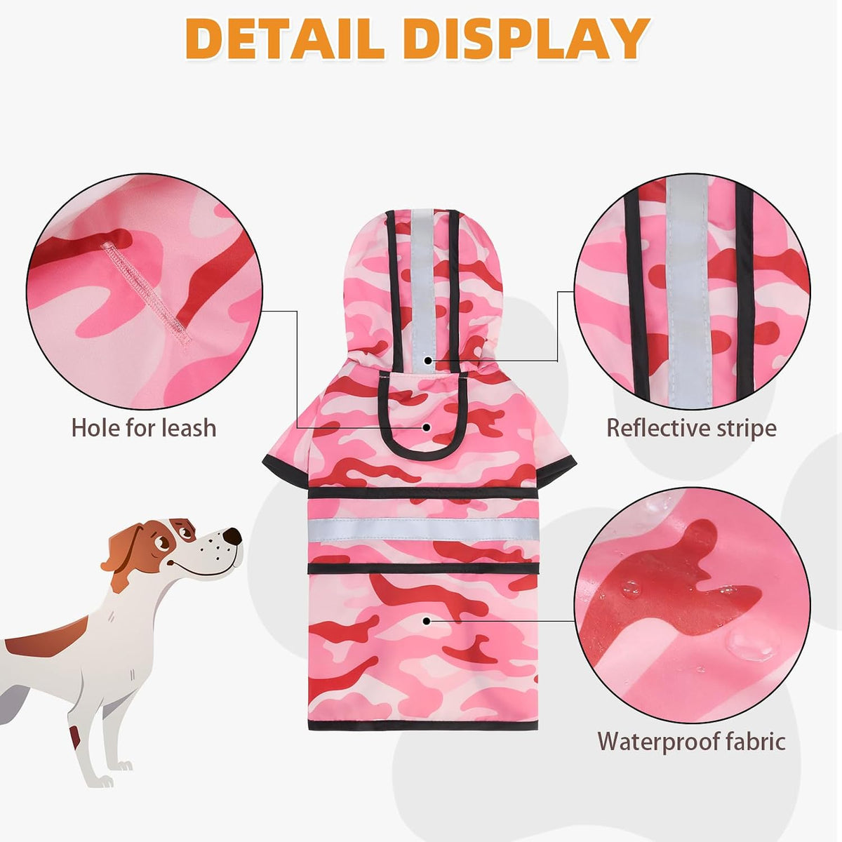 Dog Raincoat Hooded Slicker Poncho with Leash Hole - M:15-20lbs / Pink Camo - image 2