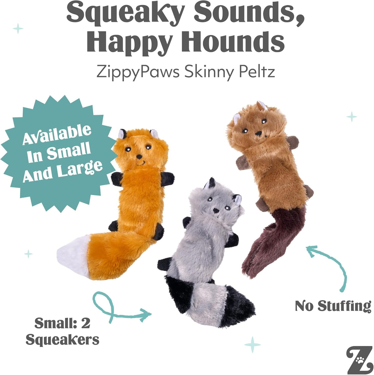 ZippyPaws Skinny Peltz No Stuffing Dog Toy Pack to Keep Them Busy - Fox, Raccoon, Squirrel - image 3