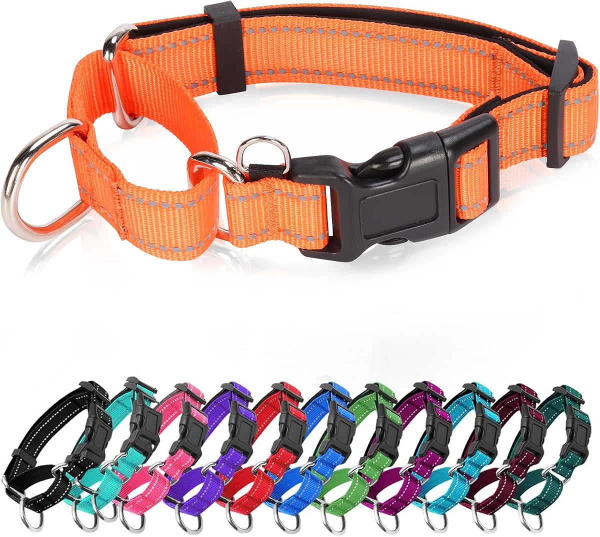 Reflective Martingale Dog Collars. Dog Collar with Quick Release - L:1" Wide for 18.5"-26.5" Neck / Orange