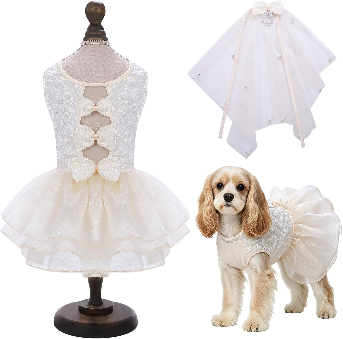ASENKU Dog Dress, Dog Wedding Dress with Bows, Veil Attachment - Champagne / Small