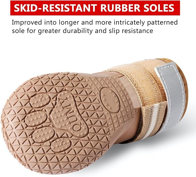 QUMY Dog Shoes for Large Dogs, Medium Dog Boots & Paw Protectors for Winter Snowy Day, Summer Hot Pavement, Waterproof in Rainy Weather, Outdoor Walking, Indoor Hardfloors Anti Slip Sole Khaki 6