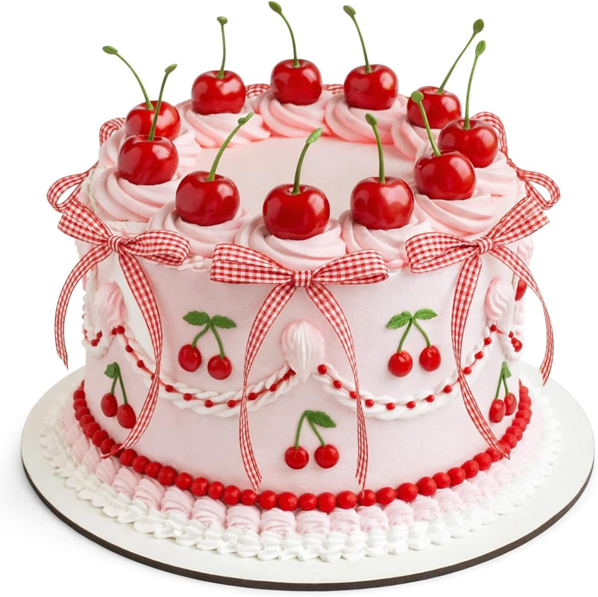 Chunful fake cherry cake toppers with red polyester bows