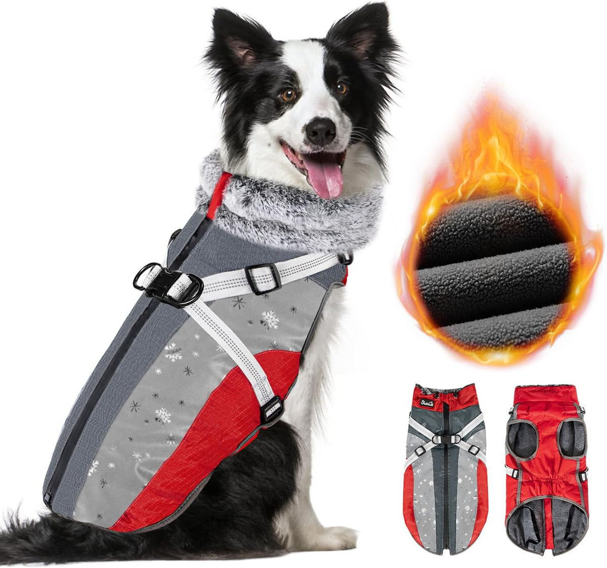 SlowTon Dog Jacket with Harness - Red & Gray / X-Large (Chest 25.0"-29.0")