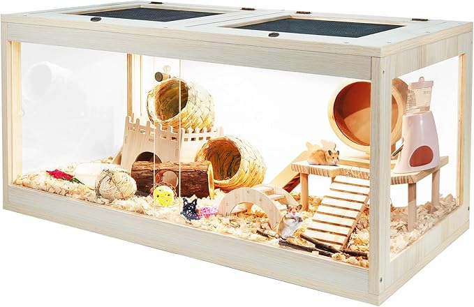Prolee Hamster Cage Wooden, Mice and Rat Habitat, Hamster Cage with Openable Mesh Top, Clear Acrylic Solid Built with Lock Design, Oak 40"