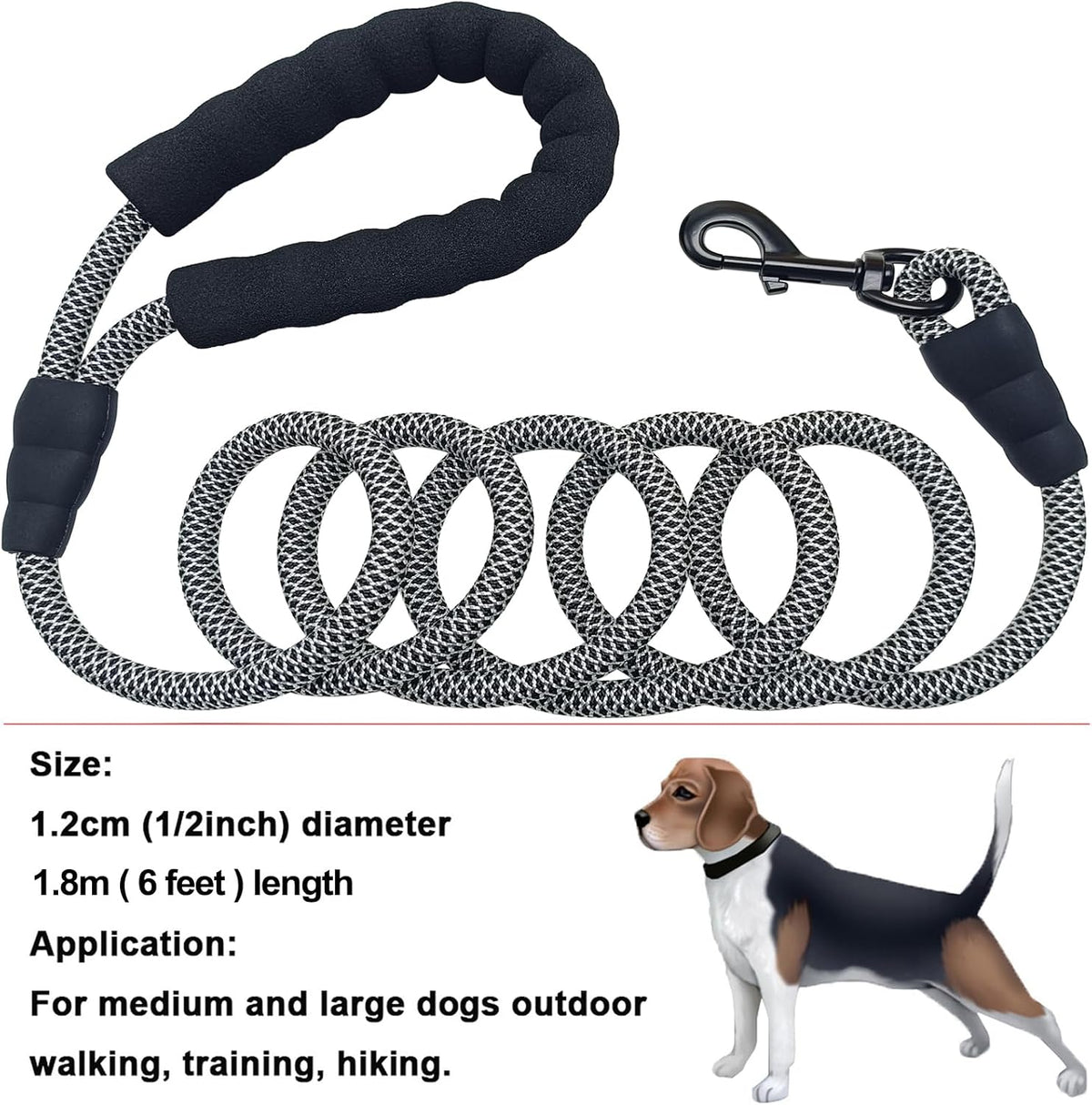MayPaw Rope Dog Leash, Thick Leash for Medium Large Dogs - black white / 1/2" * 6' - image 2