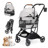 T3 3 in 1 Small Pet Stroller for Dogs & Cats, 4 Wheels for Dogs with Detachable Carrier with Pad, Canopy and Cup Holder, Grey