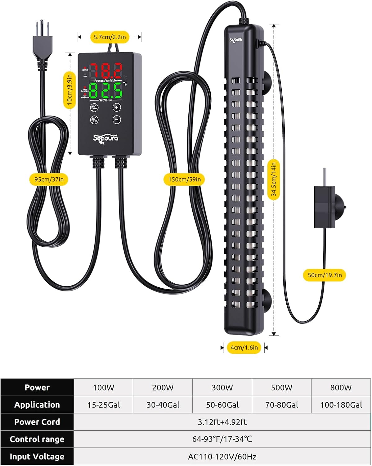 SEAOURA 500W Aquarium Heater for Fish Turtle 70-80 Gal Thermostat - 70-80 Gallon Tank - image 3