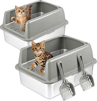 Kirecoo 2 Pack Medium Semi-Enclosed Stainless Steel Cat Litter Box - Grey / Medium
