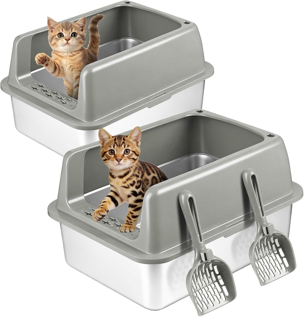 Kirecoo 2 Pack Medium Semi-Enclosed Stainless Steel Cat Litter Box - Grey / Medium