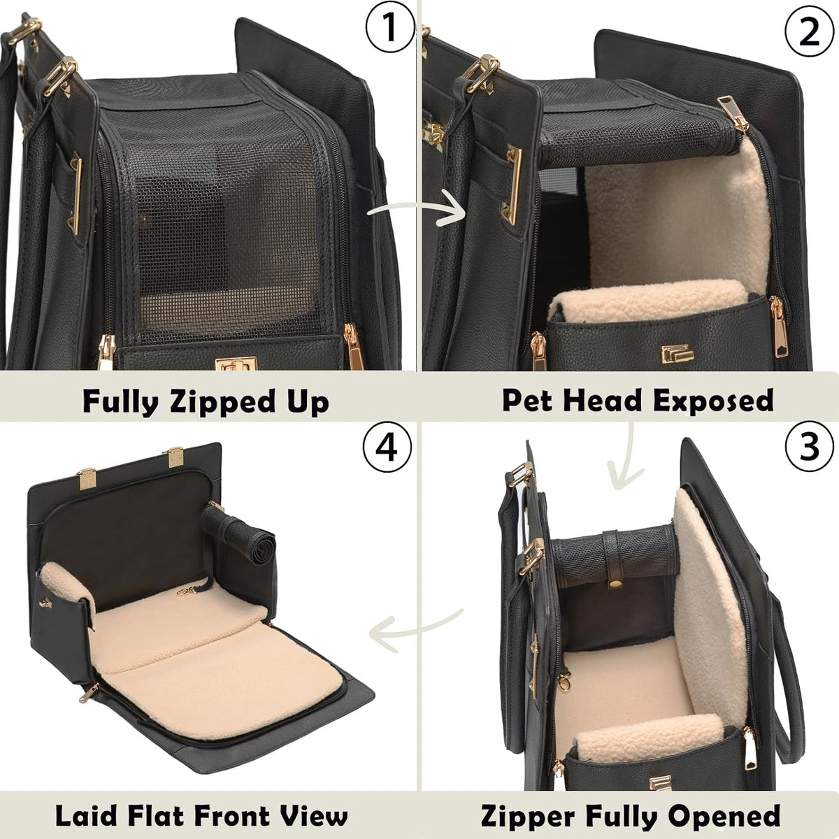 2-in-1 Stylish Dog Purse Carrier Travel Tote Bag for Small Dogs Cats - Black / 15.0"L x 7.5"W x 12.2"H - image 4