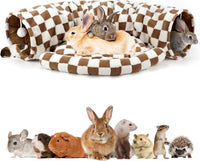 Bunny Tunnel Bed, 2-in-1 Collapsible Rabbit Tunnel Hideout with Mat – Essentials for Small Pets - Brown Checks