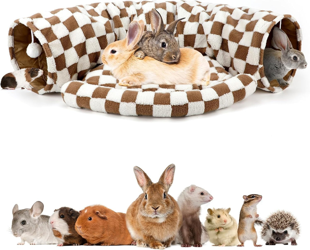 Bunny Tunnel Bed, 2-in-1 Collapsible Rabbit Tunnel Hideout with Mat – Essentials for Small Pets - Brown Checks