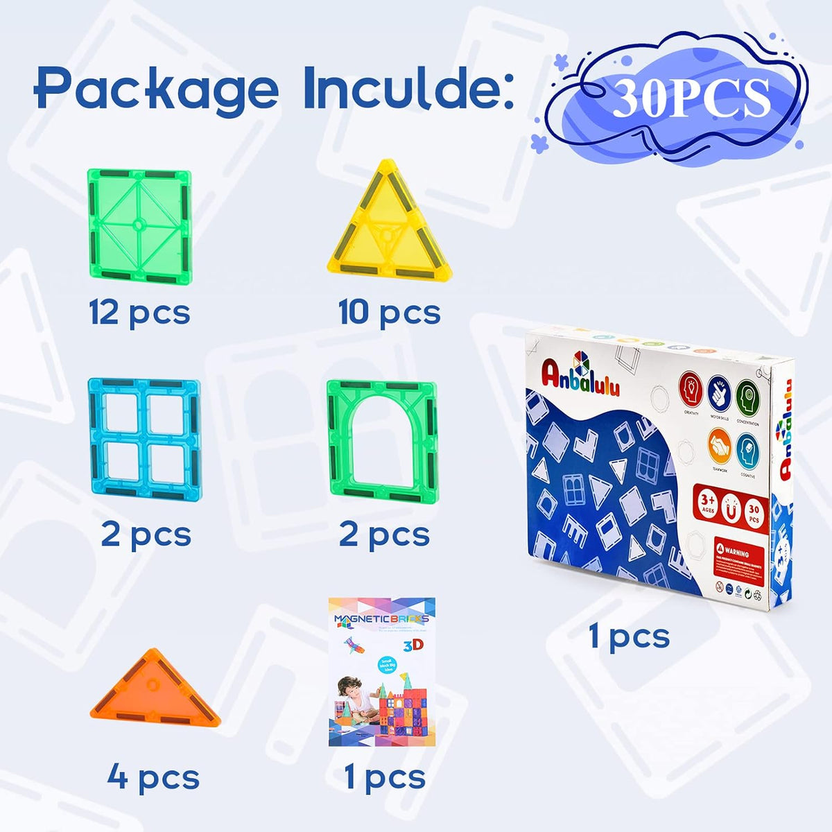 Anbalulu 134PCS Magnetic Building Tiles - 30PCS - image 2